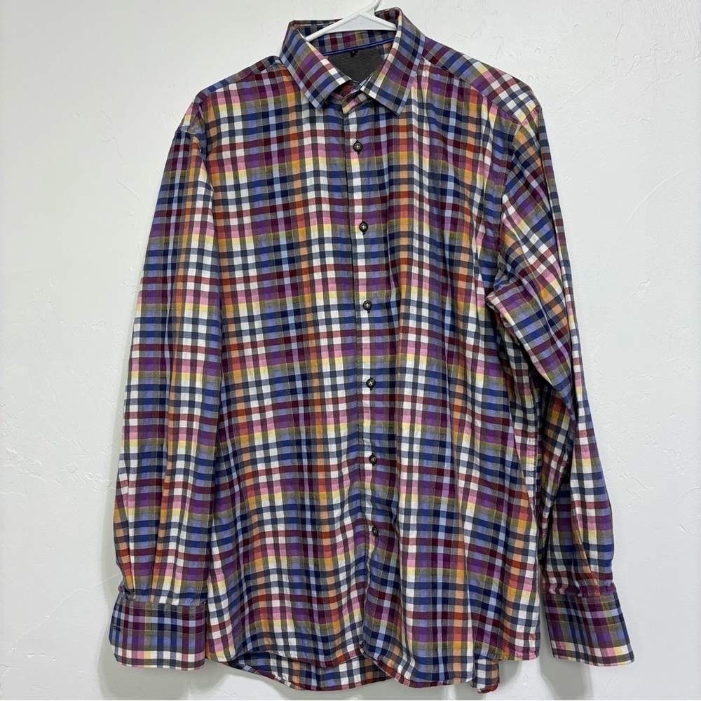 Visconti Black Men's Large Dress Shirt Plaid Check Colorful Multicolor BUTTONS